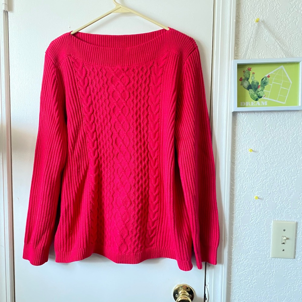 Tommy Hilfiger Sweater Womens Large‎ L Hot Pink Cable Knit Long Sleeve Pullover